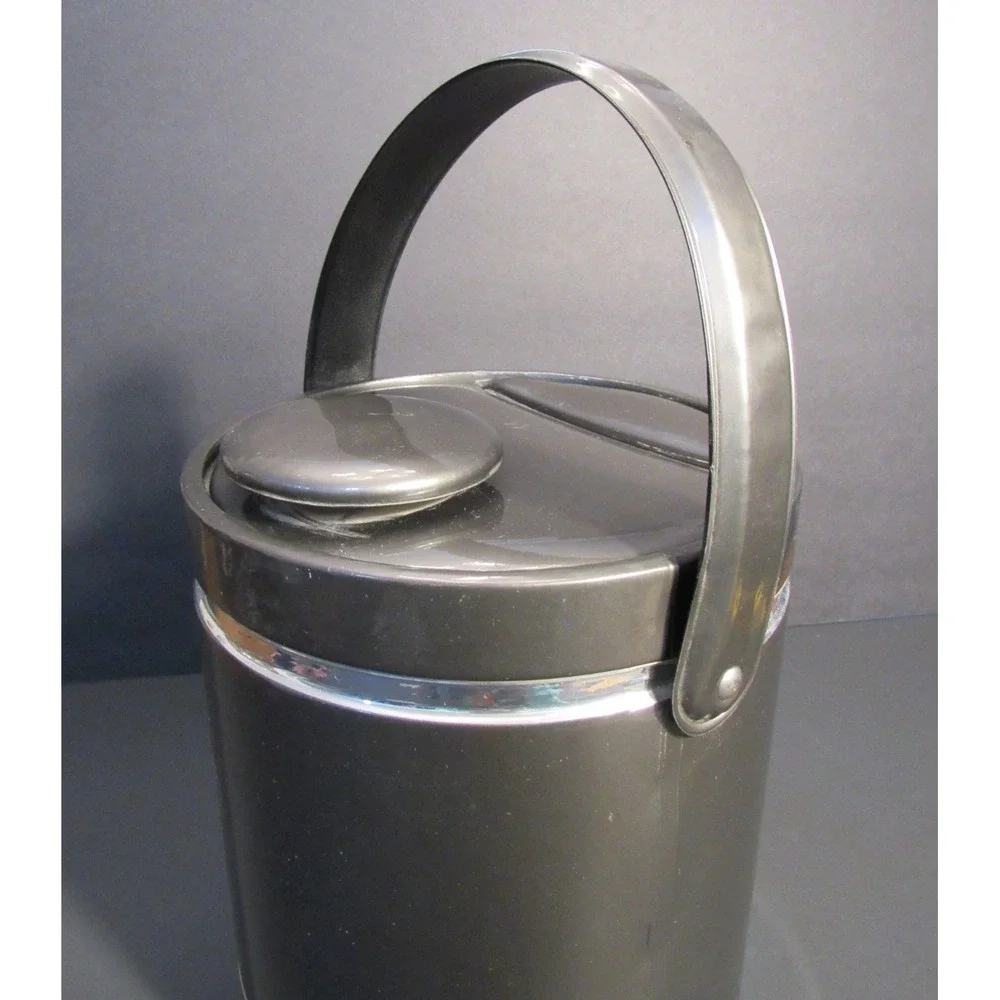 Vintage Mid Century Modern Dark Gray Insulated Ice Bucket Handle Chrome Trim